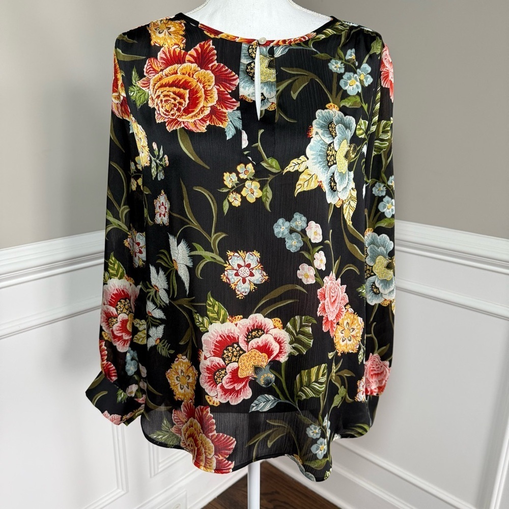 LOFT Black Floral Long Sleeve Relaxed Blouse Size Medium